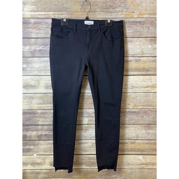 FRAME Le Skinny De Jeanne Raw Stagger Mid Rise Cropped Skinny Jeans Film Noir 32 - Picture 2 of 5